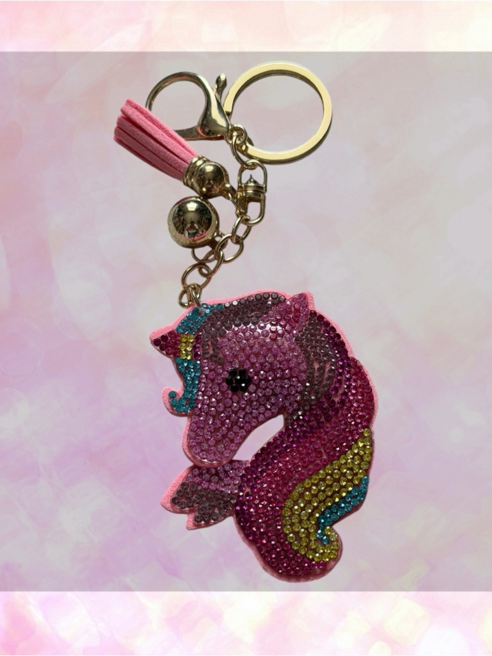 🦄 Rhinestone Colorful Unicorn Puffy Tassel Keychain Bag Charm